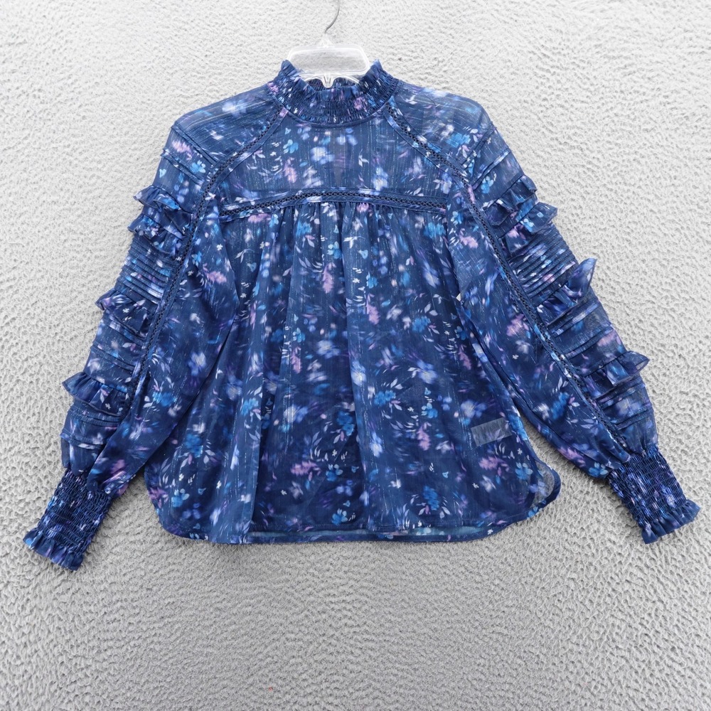 French Connection Womens Blue Floral Metallic Mock Neck Ruffle Blouse XS NEW